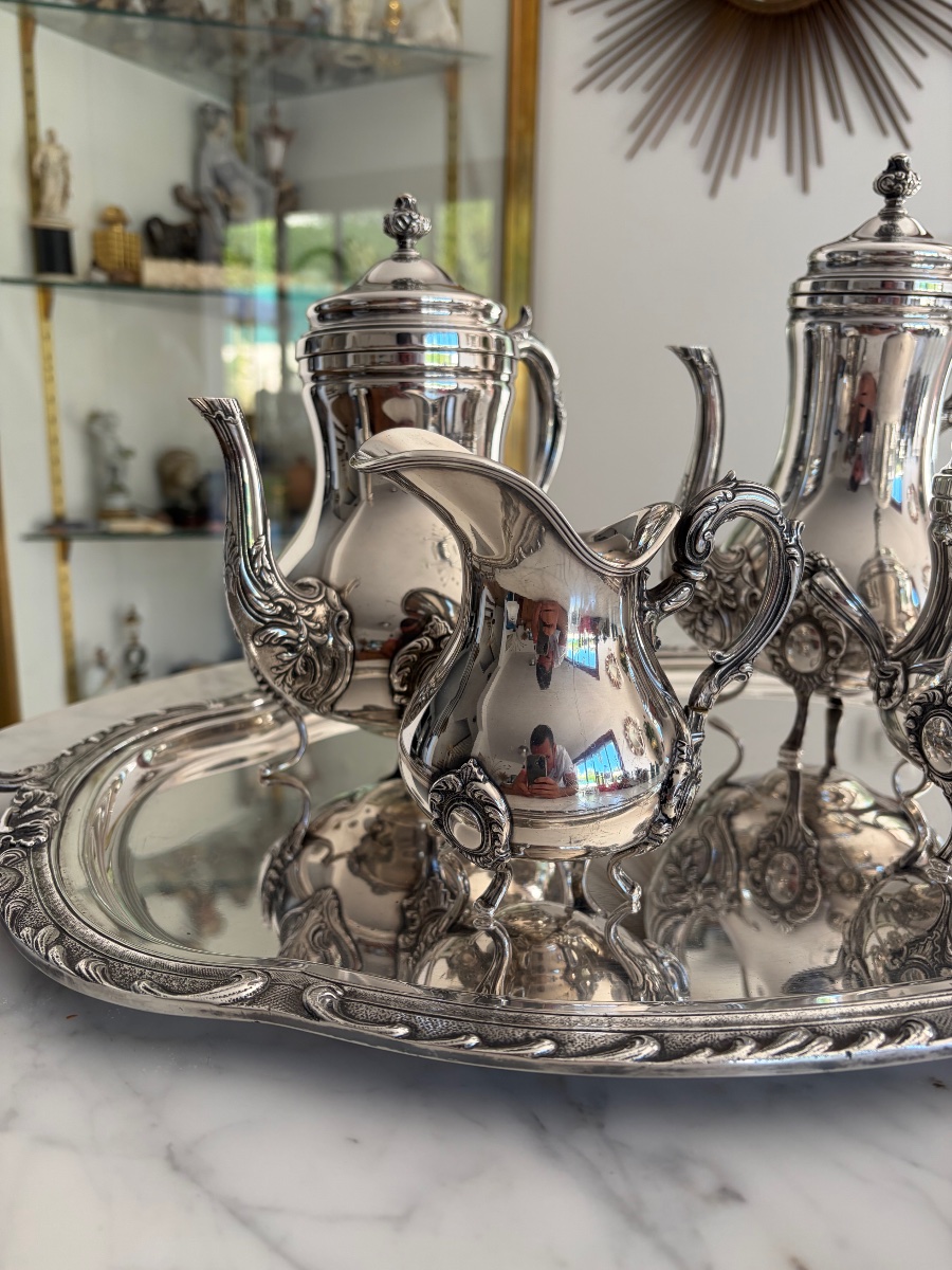 Louis XV-style Coffee And Tea Set In Silver-plated Metal-photo-2