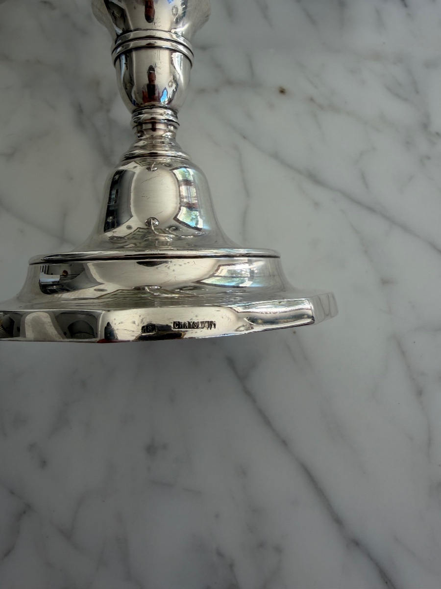 Pair Of Silver-plated Metal Candlesticks, Louis XVI Style.-photo-2