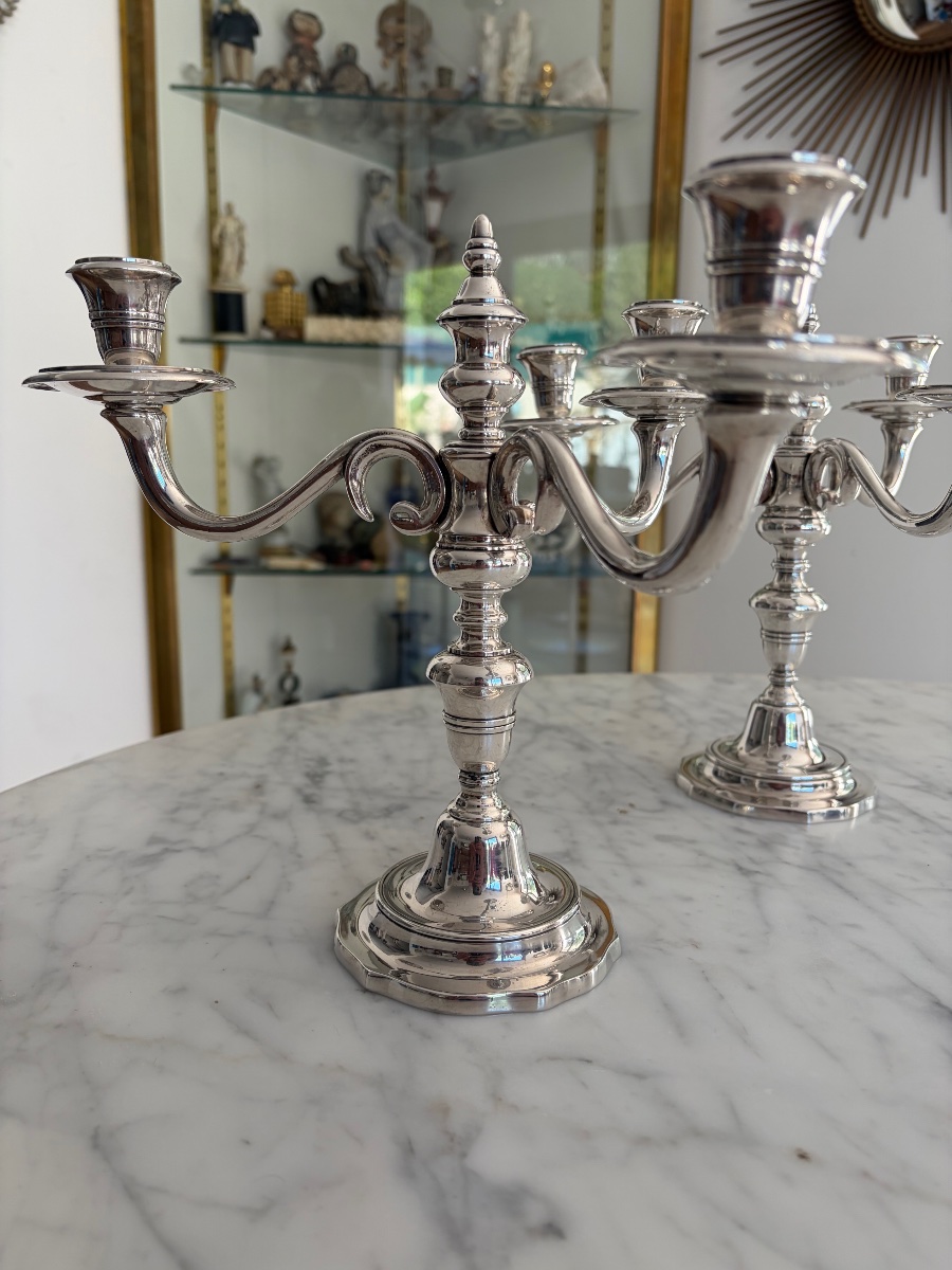 Pair Of Silver-plated Metal Candlesticks, Louis XVI Style.-photo-3