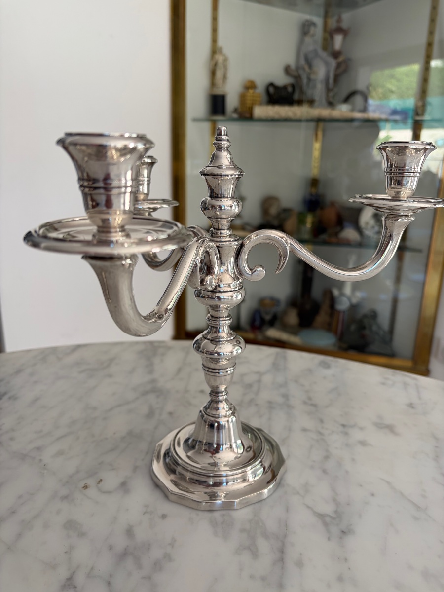 Pair Of Silver-plated Metal Candlesticks, Louis XVI Style.-photo-4