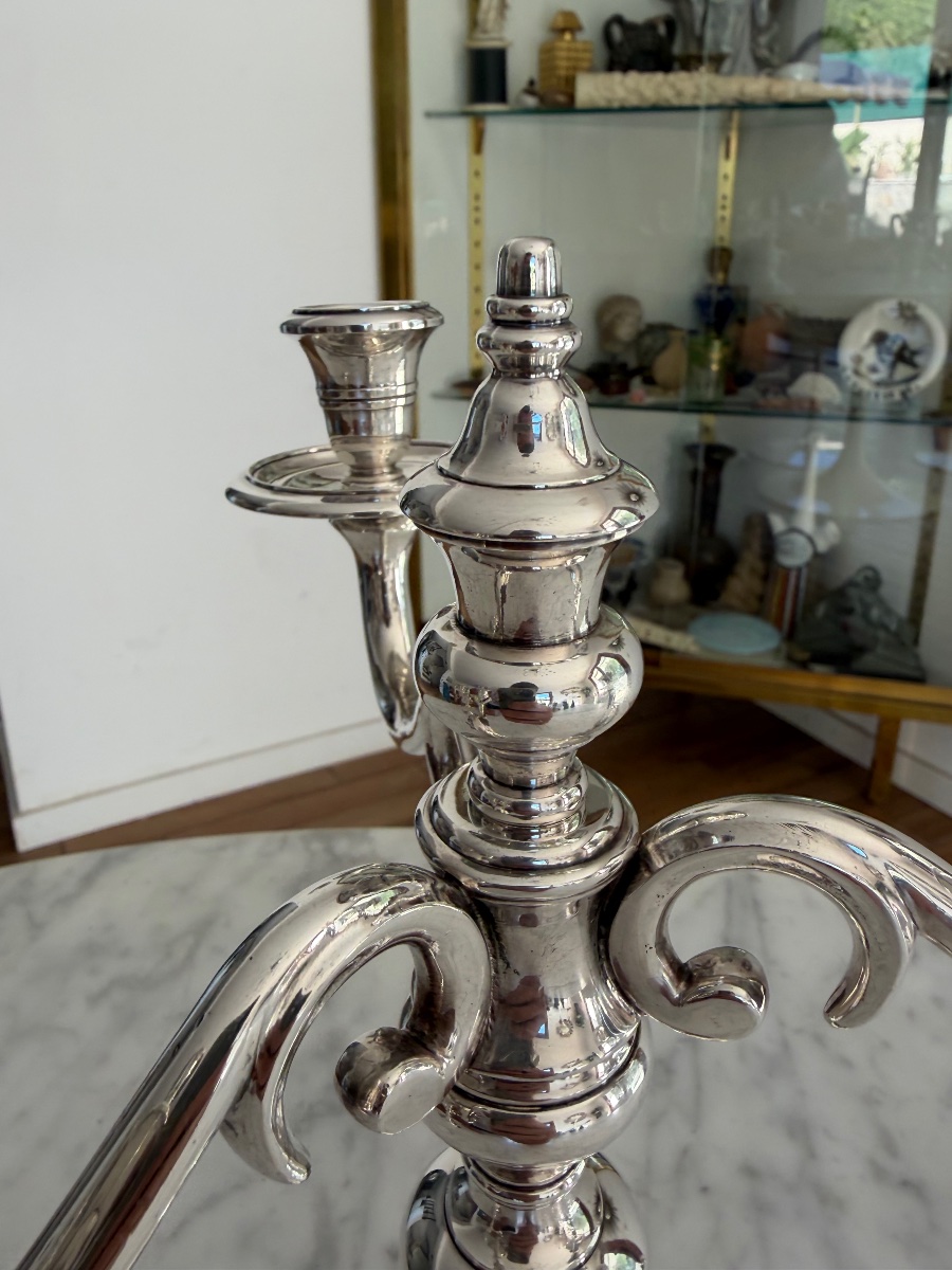 Pair Of Silver-plated Metal Candlesticks, Louis XVI Style.-photo-1