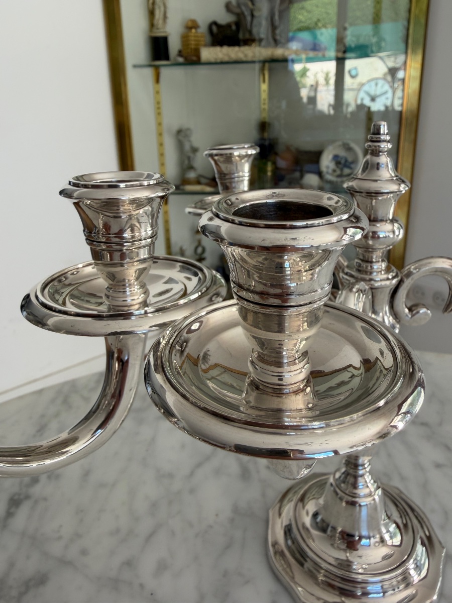 Pair Of Silver-plated Metal Candlesticks, Louis XVI Style.-photo-2