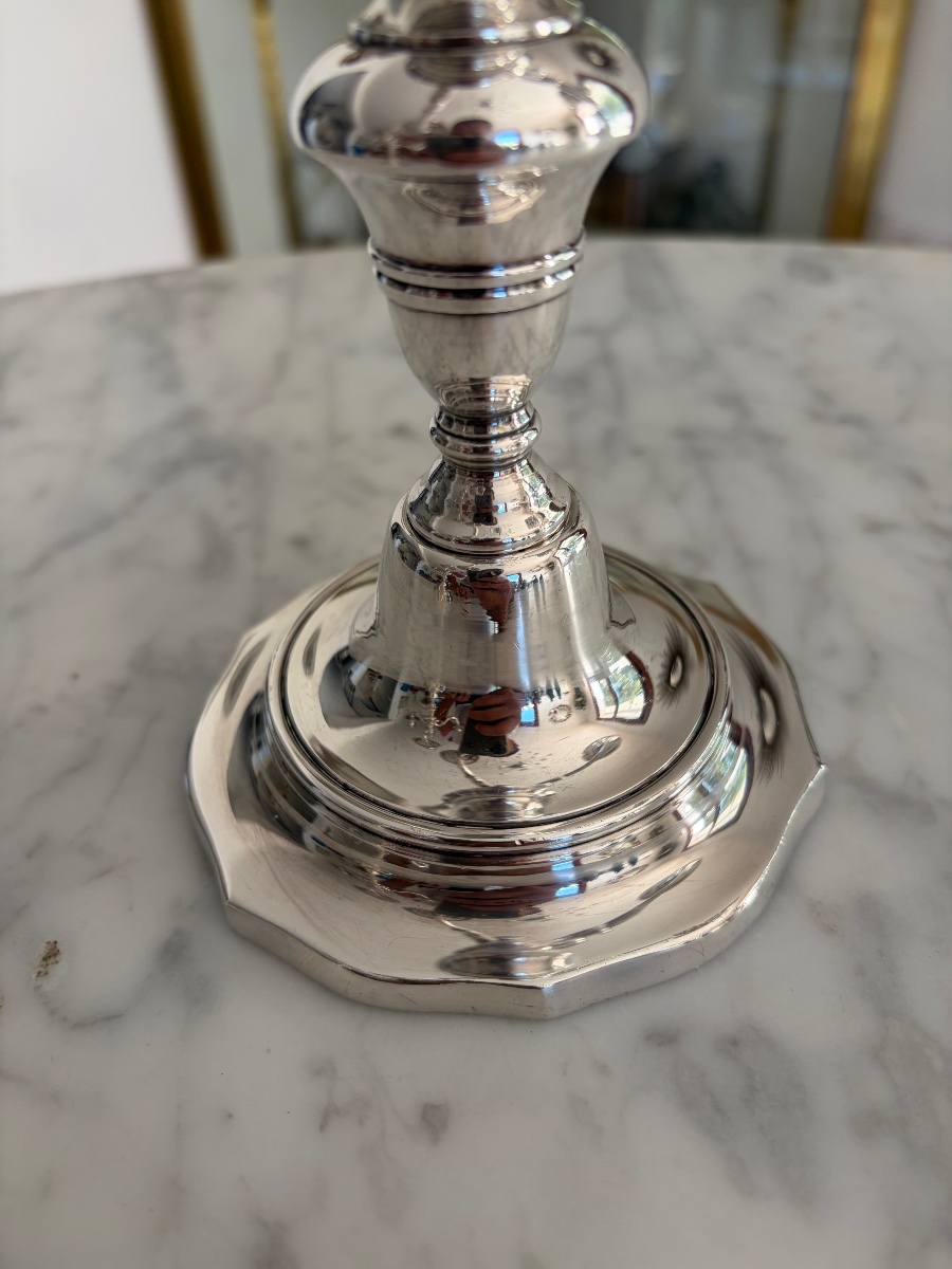 Pair Of Silver-plated Metal Candlesticks, Louis XVI Style.-photo-3