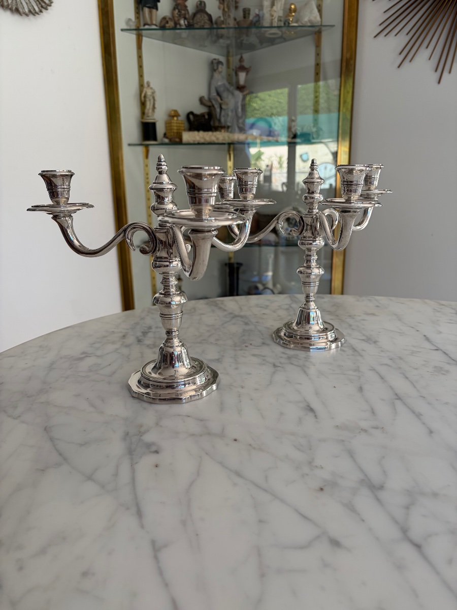 Pair Of Silver-plated Metal Candlesticks, Louis XVI Style.