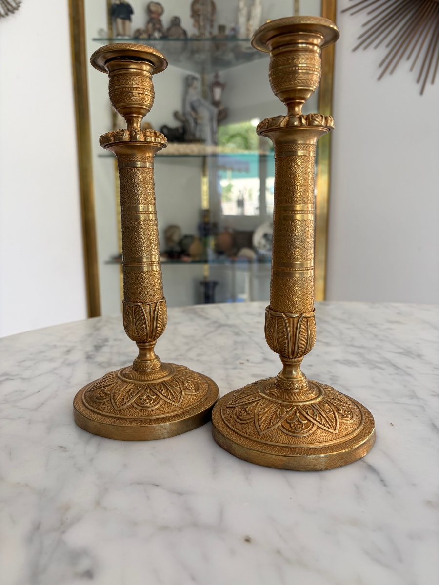 Pair Of Antique Candlesticks, Restoration Period, Gilded Metal-photo-2