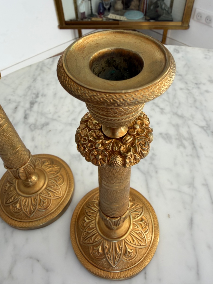 Pair Of Antique Candlesticks, Restoration Period, Gilded Metal-photo-3