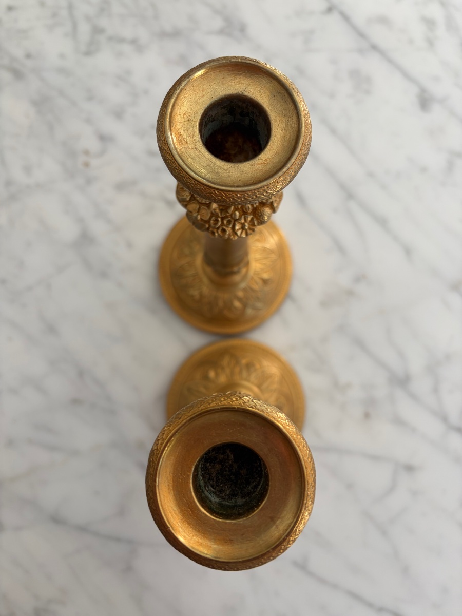 Pair Of Antique Candlesticks, Restoration Period, Gilded Metal-photo-1