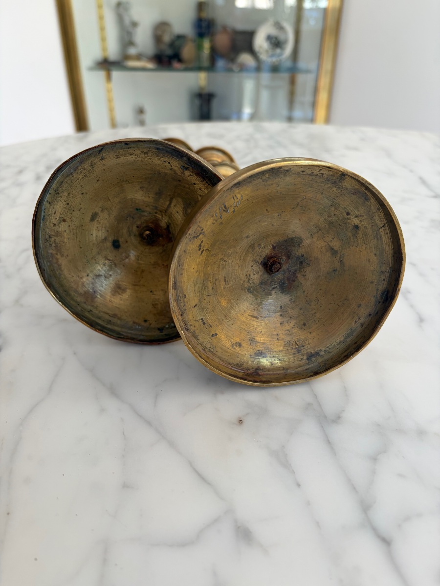 Pair Of Antique Candlesticks, Restoration Period, Gilded Metal-photo-2