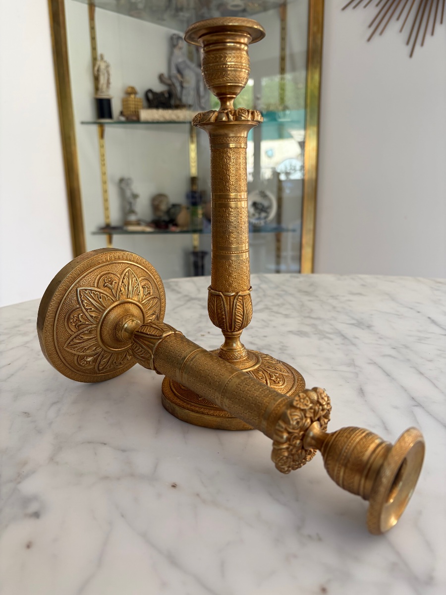 Pair Of Antique Candlesticks, Restoration Period, Gilded Metal