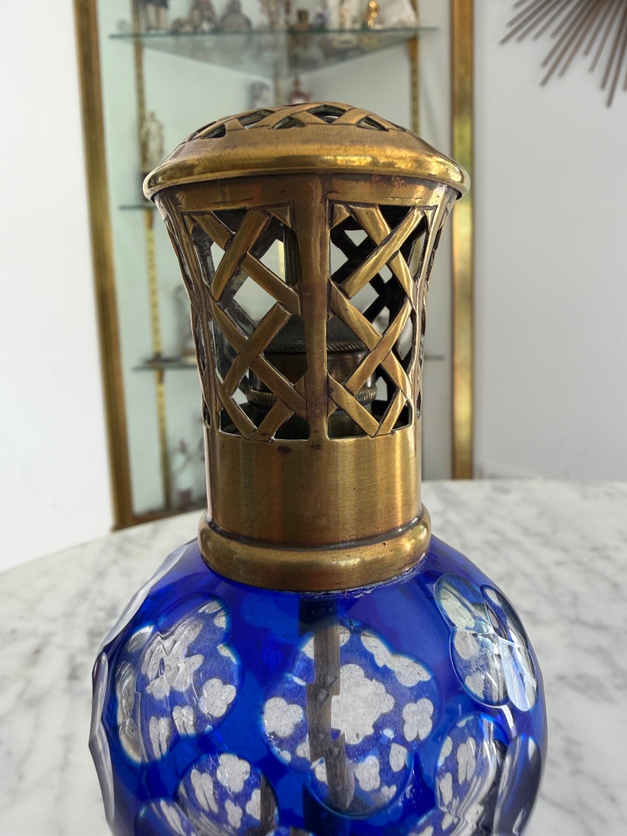Lampe Berger en cristal bleu cobalt et métal doré-photo-3