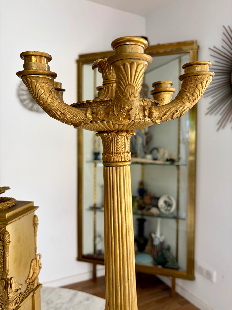 Garniture de cheminée d’époque Empire en bronze doré “La Liseuse”-photo-1