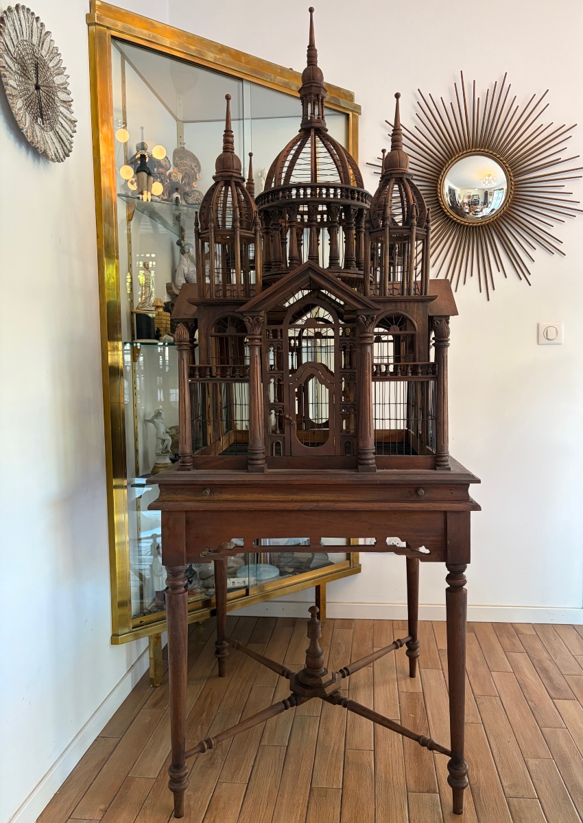 Large "cathedral-style" Birdcage Made Of Carved Wood