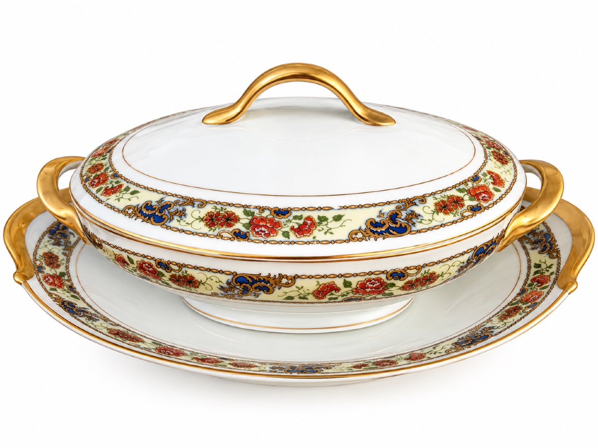 Limoges Porcelain Dinner Service By Raynaud & Cie – Polychrome Floral And Gold Design-photo-2