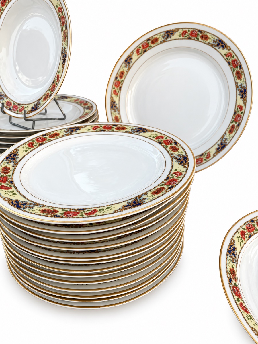 Limoges Porcelain Dinner Service By Raynaud & Cie – Polychrome Floral And Gold Design-photo-1