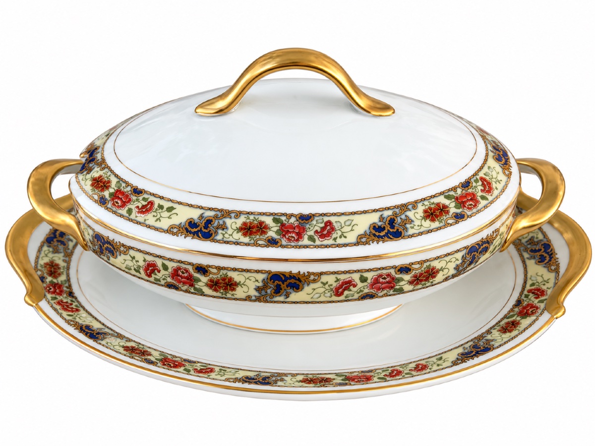Limoges Porcelain Dinner Service By Raynaud & Cie – Polychrome Floral And Gold Design-photo-4