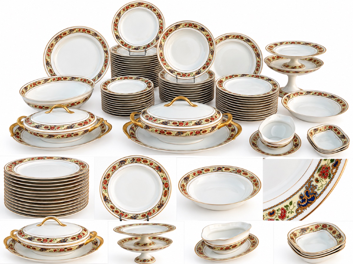 Limoges Porcelain Dinner Service By Raynaud & Cie – Polychrome Floral And Gold Design-photo-6