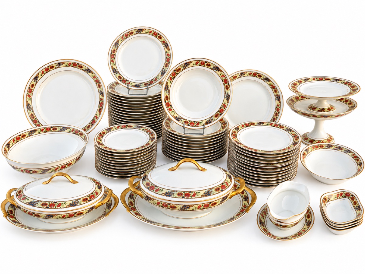 Limoges Porcelain Dinner Service By Raynaud & Cie – Polychrome Floral And Gold Design