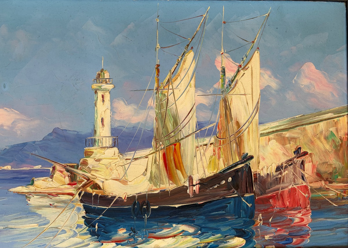 Salomón Le Tropézien – Sailboats In The Harbor, Mediterranean. Oil On Canvas -photo-2