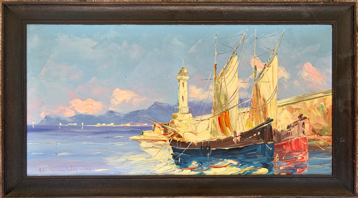 Salomón Le Tropézien – Sailboats In The Harbor, Mediterranean. Oil On Canvas 