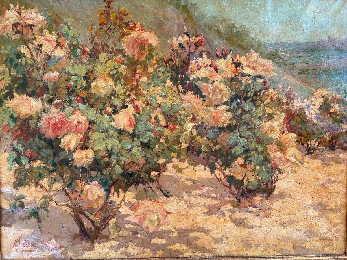 Alexandre TIELENS (1868-1959) – Huile sur toile – Massif de rosiers en fleurs en bord de mer -photo-2