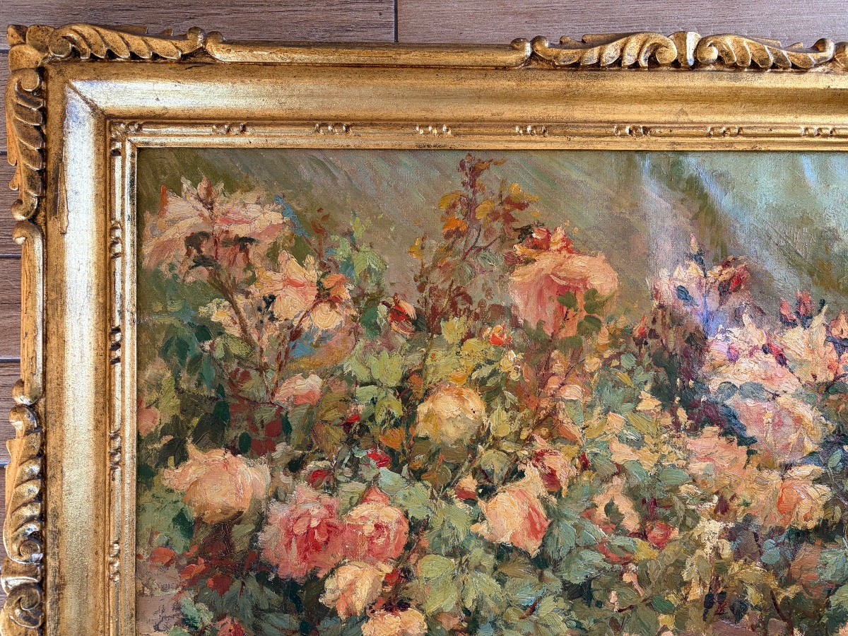 Alexandre TIELENS (1868-1959) – Huile sur toile – Massif de rosiers en fleurs en bord de mer -photo-3