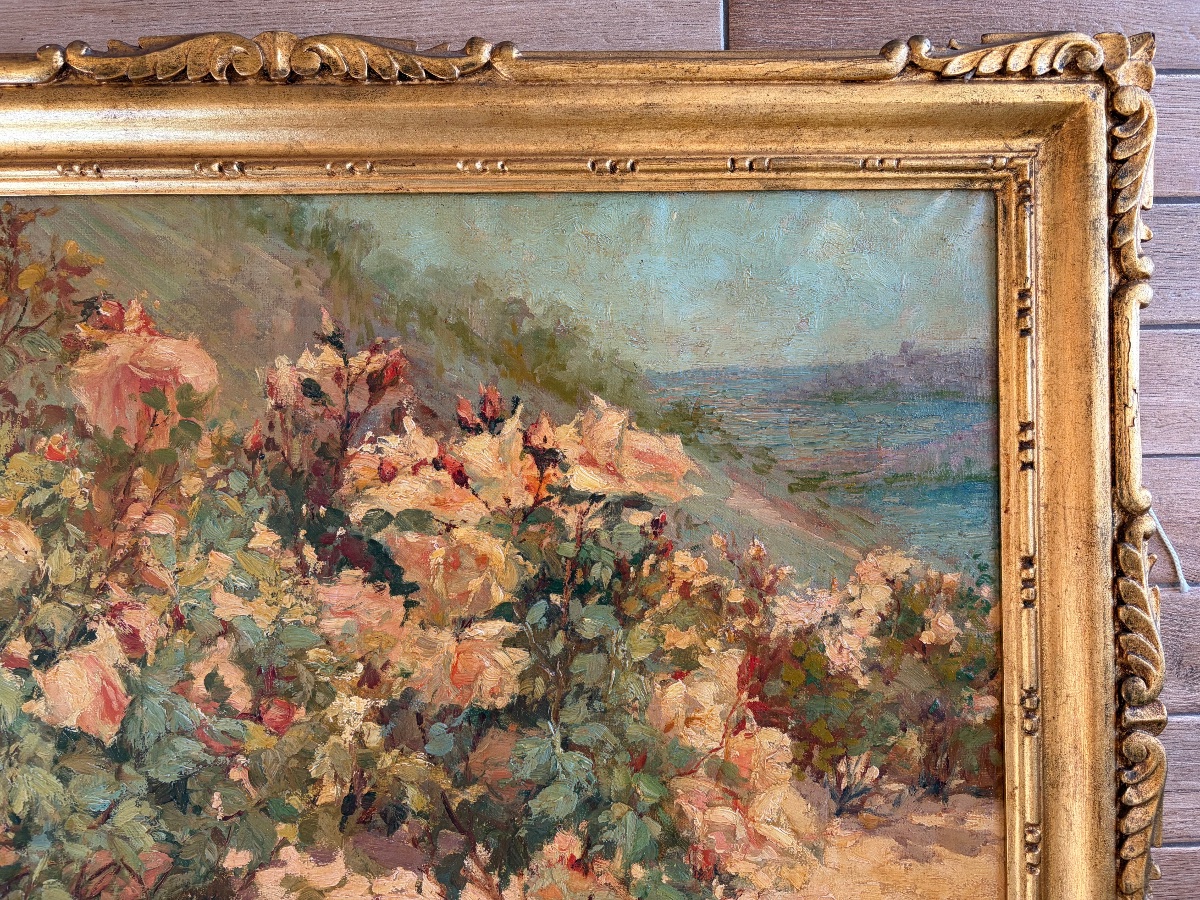 Alexandre TIELENS (1868-1959) – Huile sur toile – Massif de rosiers en fleurs en bord de mer -photo-4