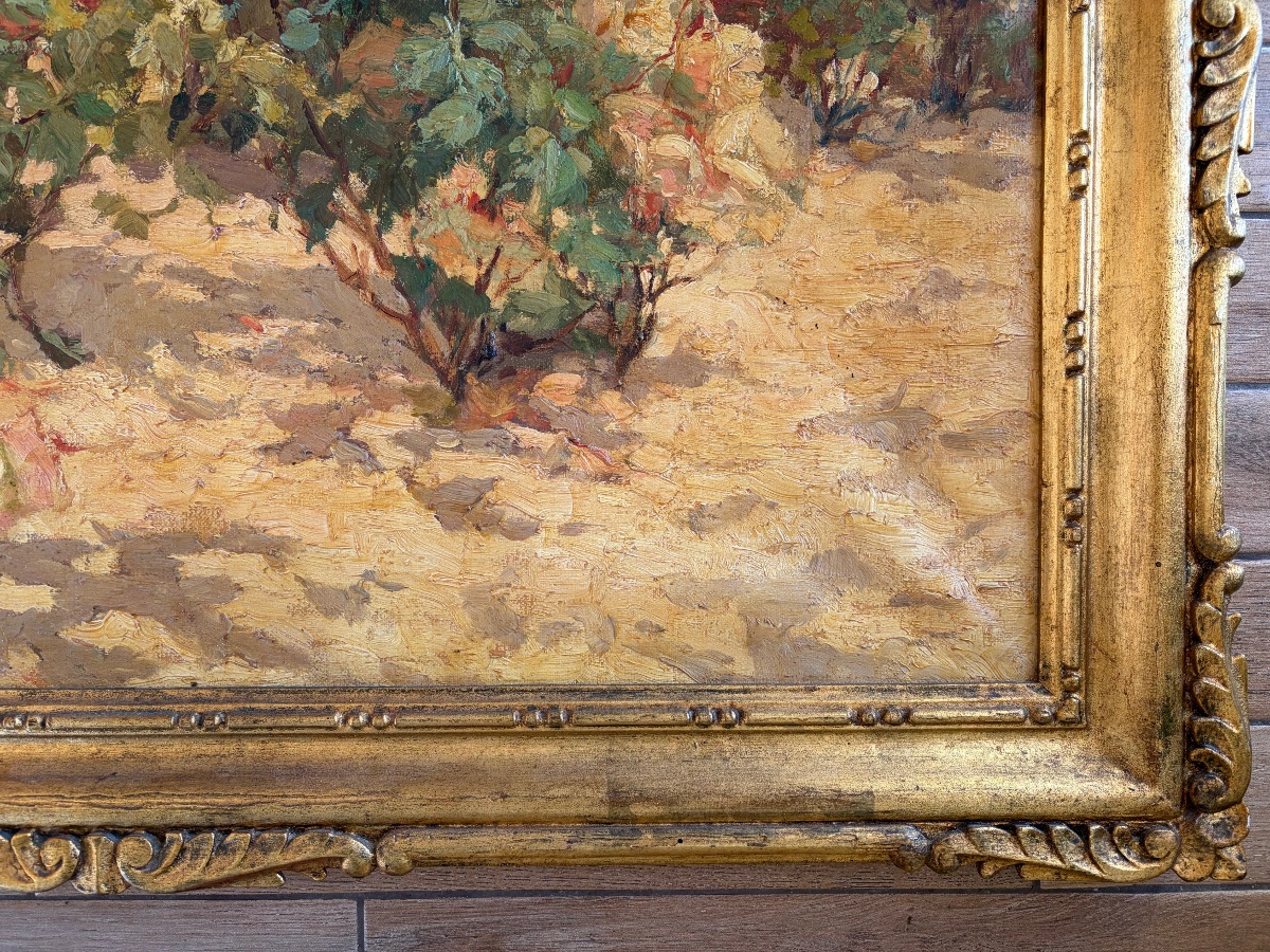 Alexandre TIELENS (1868-1959) – Huile sur toile – Massif de rosiers en fleurs en bord de mer -photo-1