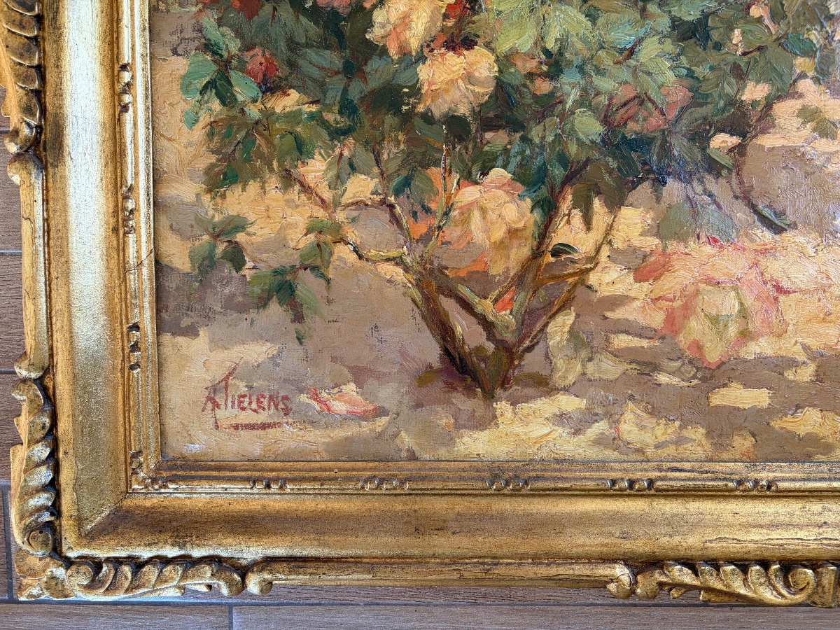 Alexandre TIELENS (1868-1959) – Huile sur toile – Massif de rosiers en fleurs en bord de mer -photo-3