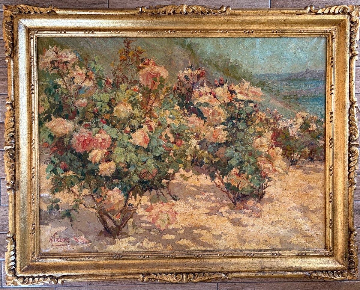 Alexandre TIELENS (1868-1959) – Huile sur toile – Massif de rosiers en fleurs en bord de mer 