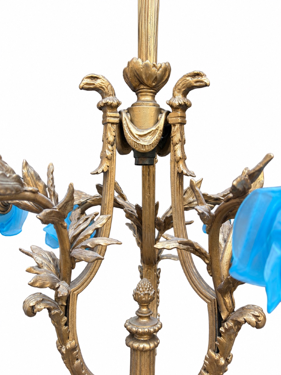 Lustre Napoléon III en bronze  et tulipes  bleu, XIXe siècle-photo-2
