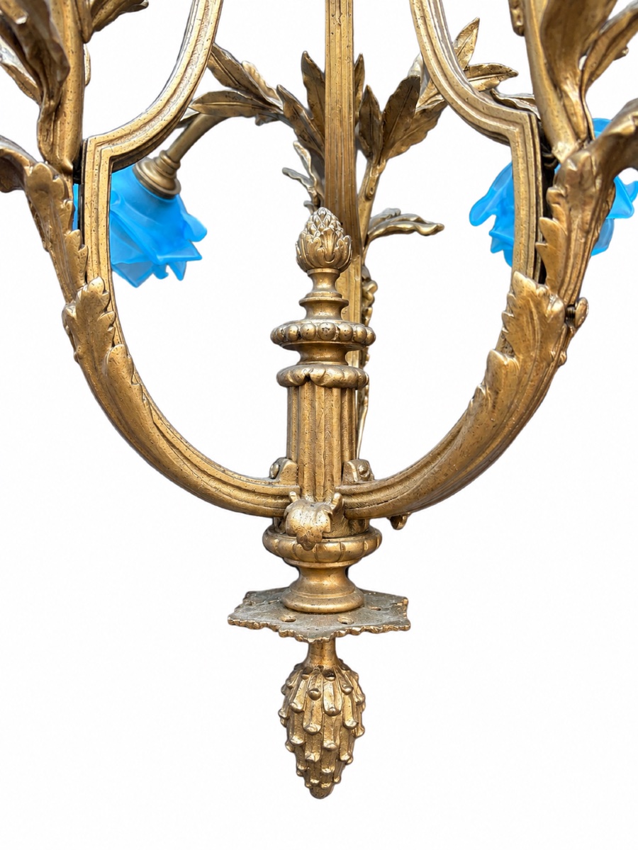 Lustre Napoléon III en bronze  et tulipes  bleu, XIXe siècle-photo-3