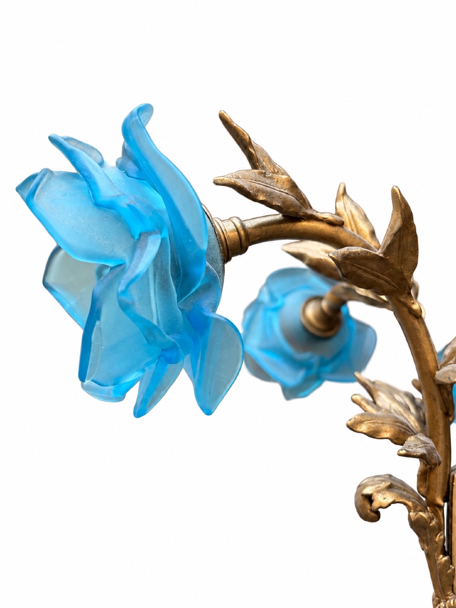 Lustre Napoléon III en bronze  et tulipes  bleu, XIXe siècle-photo-4