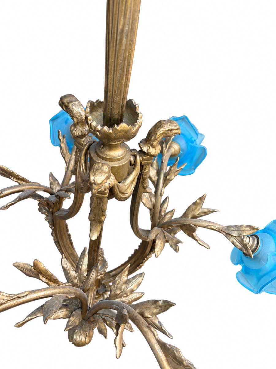 Lustre Napoléon III en bronze  et tulipes  bleu, XIXe siècle-photo-2