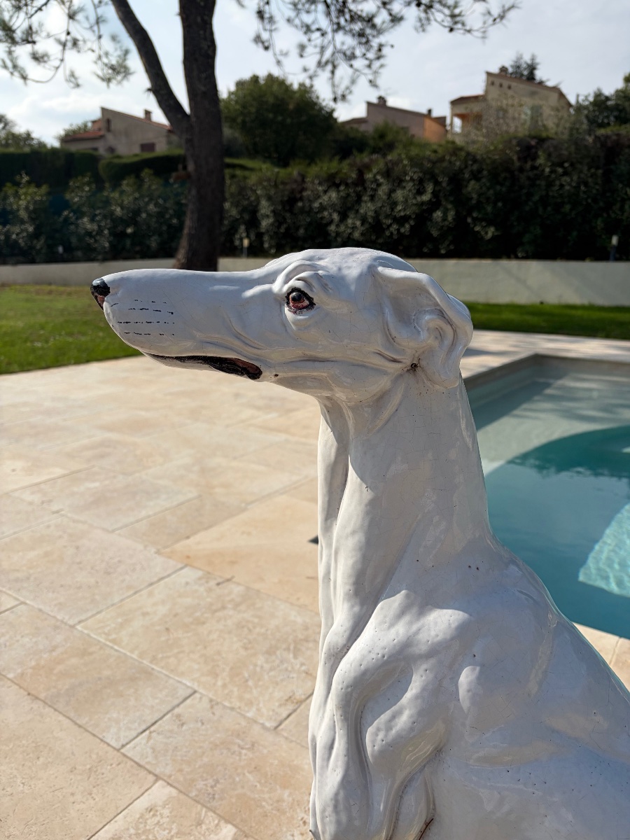 White Glazed Ceramic Greyhound On A Yellow Cushion, 20th Century-photo-2