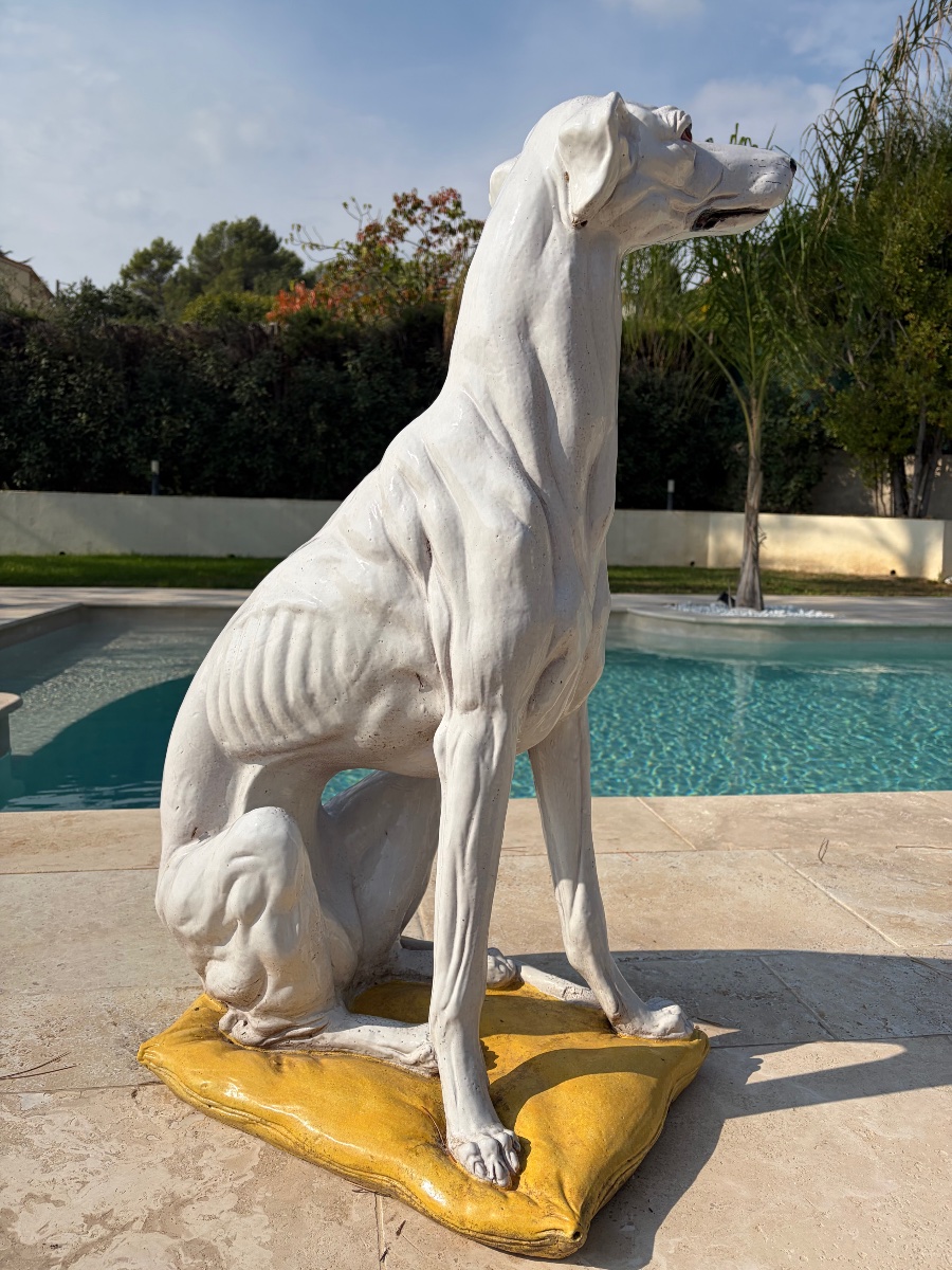 White Glazed Ceramic Greyhound On A Yellow Cushion, 20th Century-photo-3
