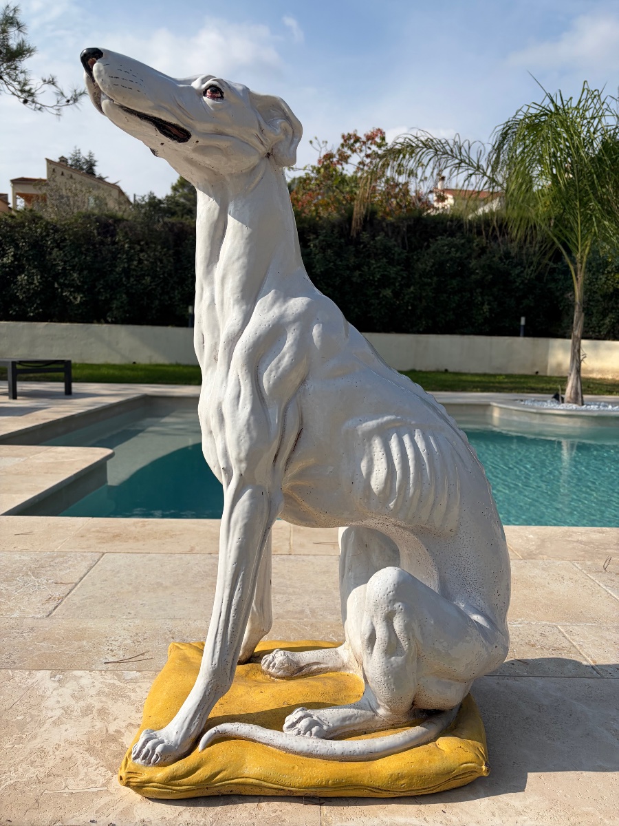 White Glazed Ceramic Greyhound On A Yellow Cushion, 20th Century