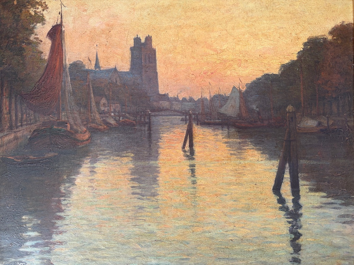 Tableau signé V. Brugairolles « Le Soir en Hollande » Huile sur toile -photo-2