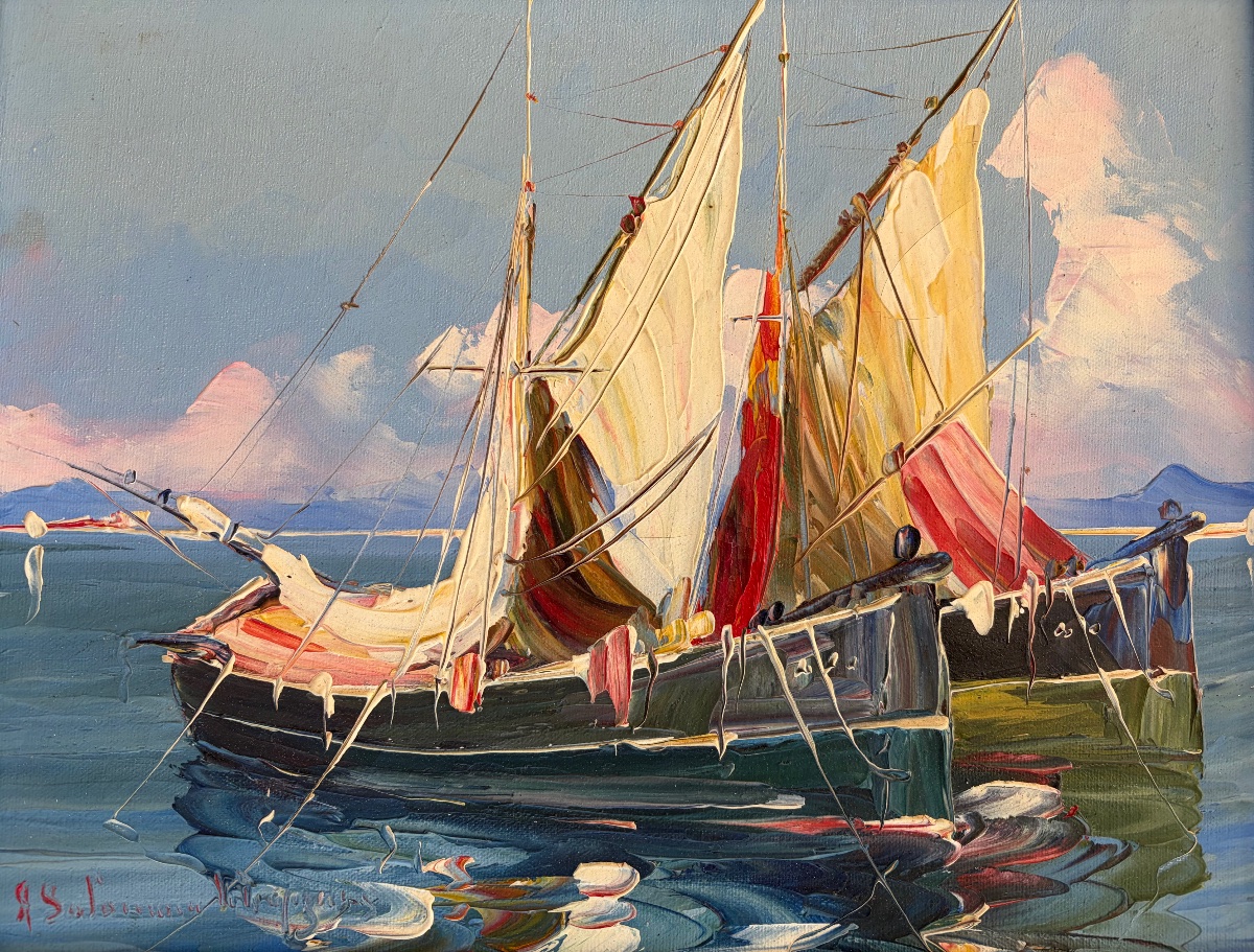 Salomon Le Tropézien – Huile sur toile représentant des barques à voiles-photo-2