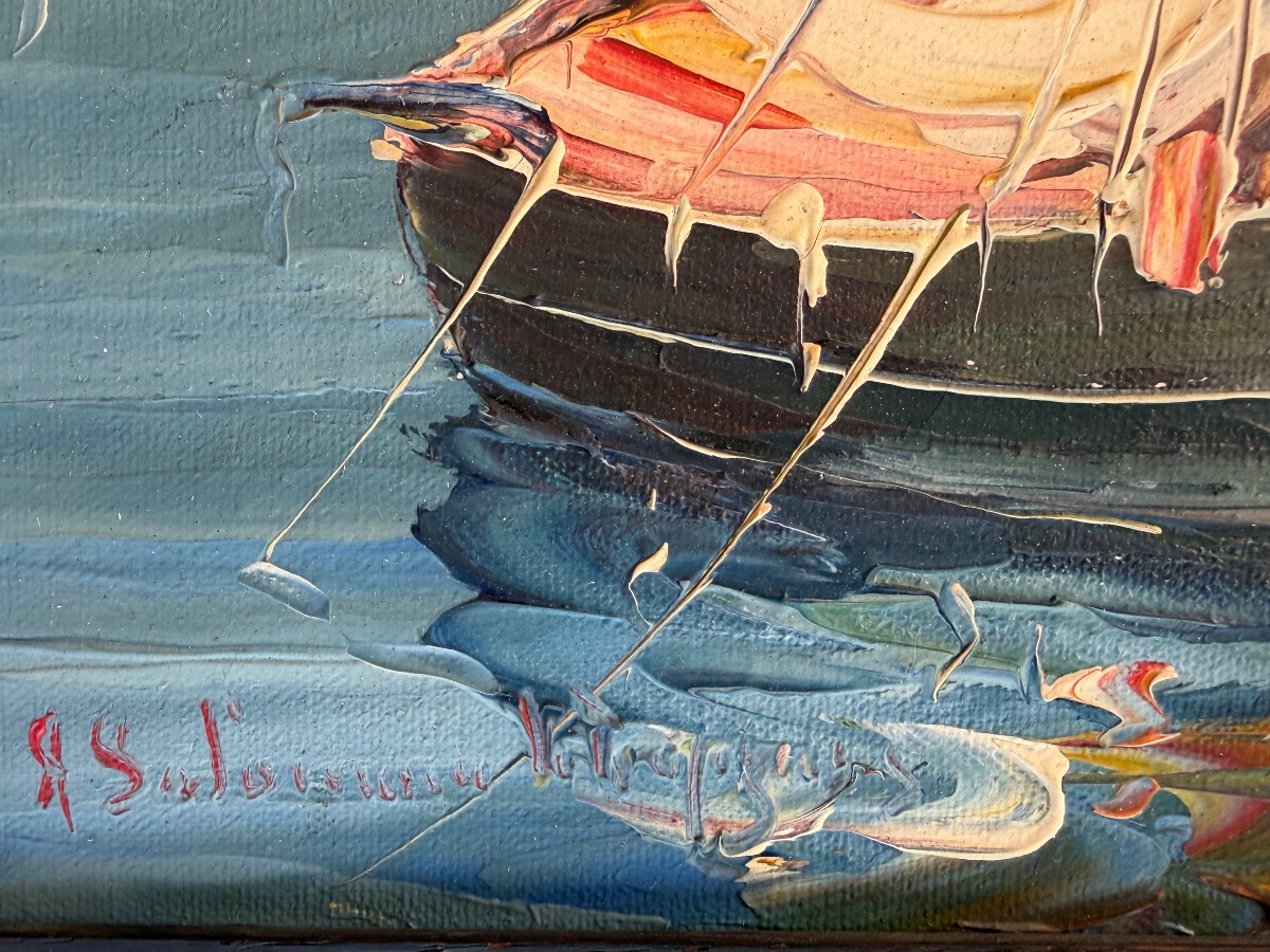 Salomon Le Tropézien – Huile sur toile représentant des barques à voiles-photo-3