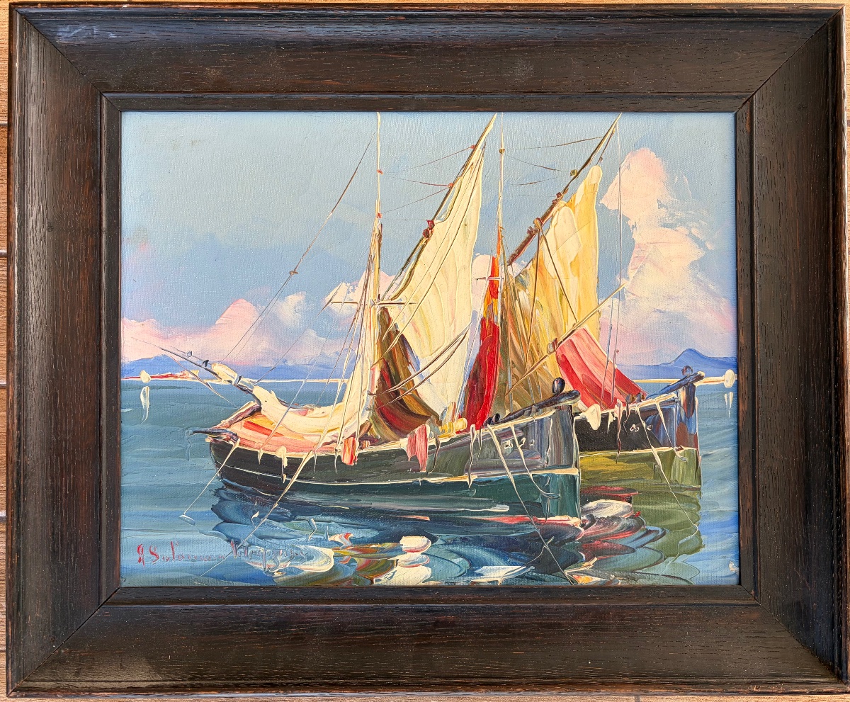 Salomon Le Tropézien – Huile sur toile représentant des barques à voiles