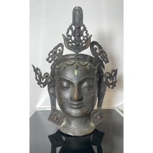 Tibet, Nepal End Of The XIXth Century Head Of Tara In Bronze With Brown Patina