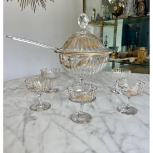 Baccarat. Crystal Cherry Service With Ribs And Golden Highlights With Rocailles Motifs