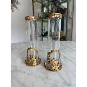 Pair Of Small Vases In Crystal And Gilded Brass Frame. 19th Century