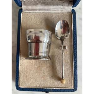 Ernest Prost. Art Deco Egg Cup And Spoon In Sterling Silver 