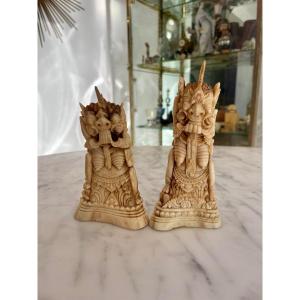 Rangda. Pair Of Deity Statuettes In Carved Bone, Bali. Early 20th Century