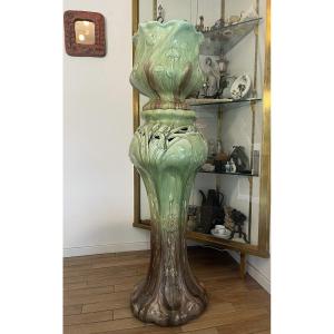 Massier. Green Earthenware Pot And Container Decorated With Thistles