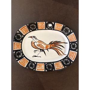 ROBERT PICAULT. Plat ovale en céramique à décor oiseau et frise géométrique