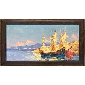 Salomón Le Tropézien – Sailboats In The Harbor, Mediterranean. Oil On Canvas