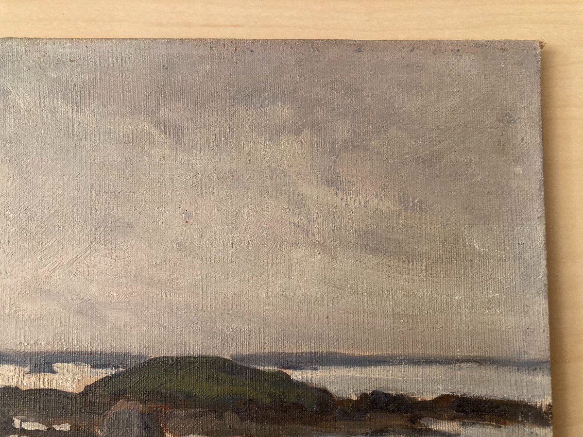 Lucien SEEVAGEN (1887-1959), Vue du Kerpont à Bréhat, Marine à l'huile sur toile cartonnée-photo-2