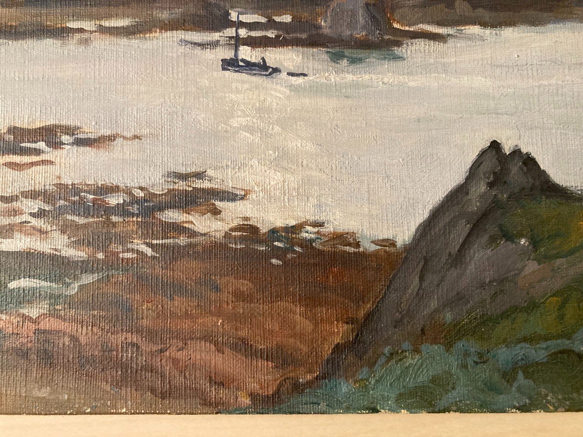 Lucien SEEVAGEN (1887-1959), Vue du Kerpont à Bréhat, Marine à l'huile sur toile cartonnée-photo-5